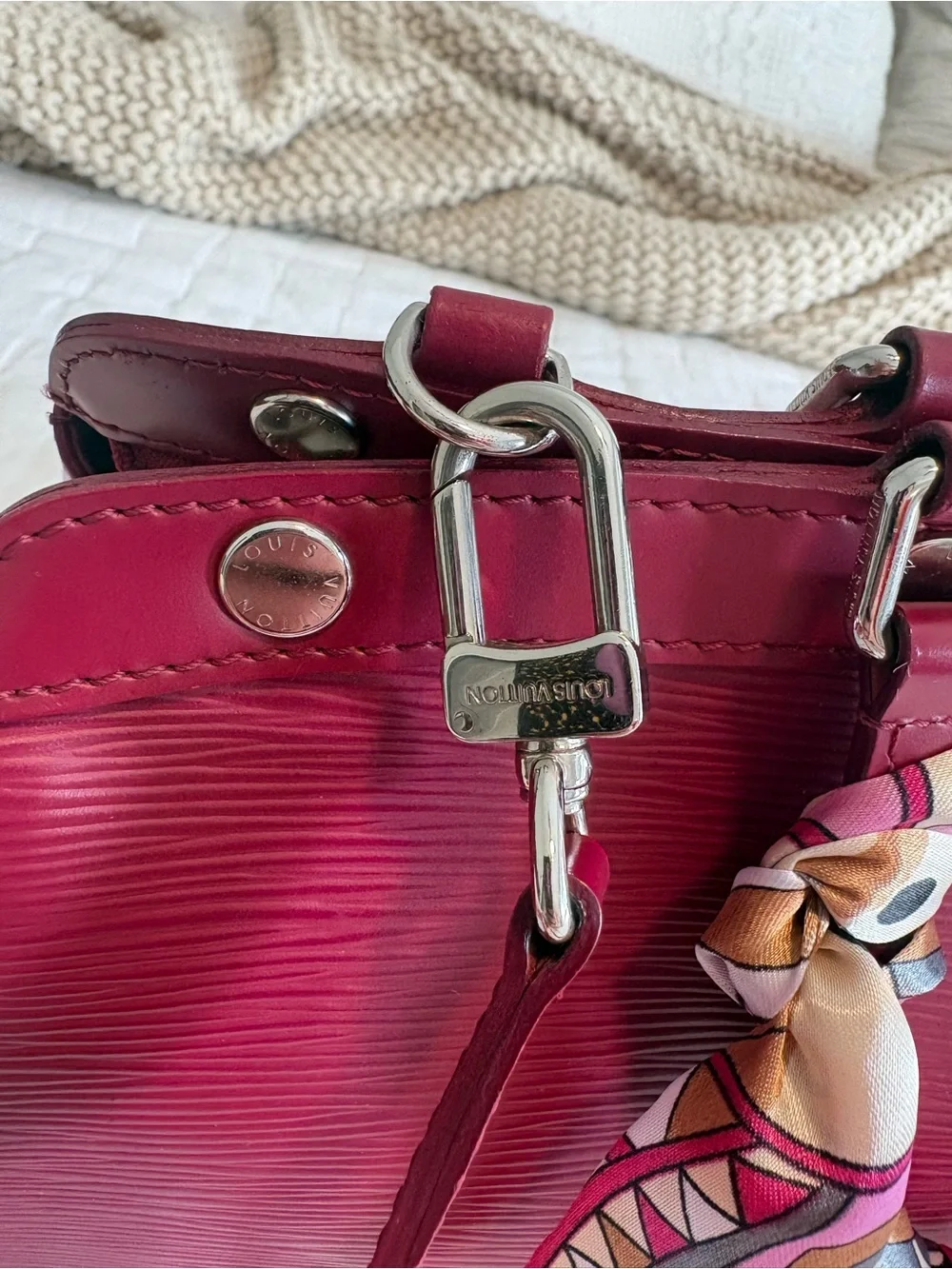 Louis Vuitton Brea MM Burgundy/Pink Epi Leather Satchel with Scarf Accent, VGUC!